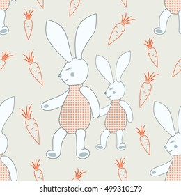 Seamless pattern of sleeping bunnies with carrots. Illustration for textile, wrap or wallpaper.