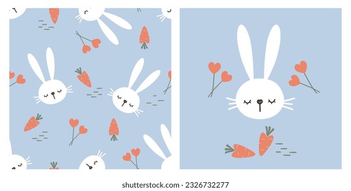 Seamless pattern with sleeping bunny cartoons, heart shape flower and carrot on blue background. Rabbit, heart shape flower and carrot icon sign on blue background vector illustration.