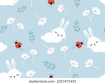 Seamless pattern with sleeping bunny rabbit cartoons and lady bug on daisy field background vector illustration. Cute childish print.