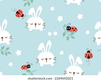 Seamless pattern with sleeping bunny rabbit in the hole, daisy flower, leaves and lady bugs on blue background vector illustration. Cute childish print.