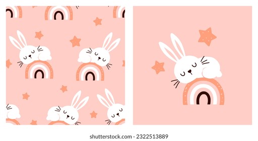 Seamless pattern with sleeping bunny rabbit cartoons, stars and rainbows on pink background vector illustration. Cute childish print.