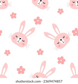 Seamless pattern with sleeping bunny rabbit cartoons and pink flower garden on white background vector illustration. Cute childish print.