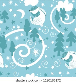Seamless pattern of sleeping Bunny in the sky. Children background white rabbit in the blue sky where the stars Shine. For textiles, Wallpapers, covers, postcards, bed linen