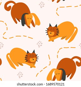 Seamless pattern with sleeping cat and dog in flat style. Relax home pets background. Cartoon vector illustration