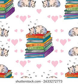 Seamless pattern with  sleeping cat on a stack of books with hearts