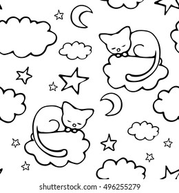 Seamless pattern sleeping cat on a cloud at night on the white background