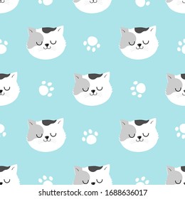 Seamless pattern of sleeping cat and paw print on blue background vector illustration. Cute cartoon character for print.