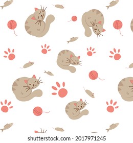 Seamless pattern of a sleeping cat. Paw, mice, fish, toy, ball of thread. Pink and grey. Vector illustration