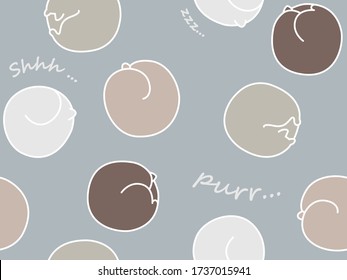 Patrón sin foco de gatos dormidos en una pelota con las palabras Shhh, Zzz, Purr. Acogedor y acogedor diseño con mascotas de colores neutros en un estilo plano minimalista sobre un fondo aislado de gris.