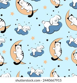 seamless pattern with sleeping cats and bunny