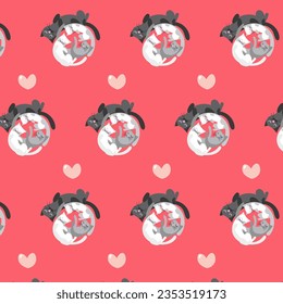 Seamless pattern sleeping cats curled up in ball red background