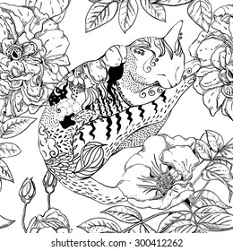 Seamless pattern with sleeping cats and flowers, monochrome