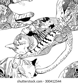 Seamless pattern with sleeping cats, monochrome