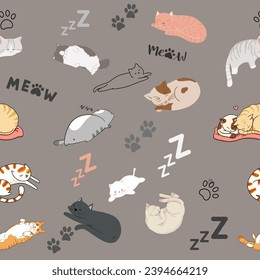 Patrón sin foco con gatos dormidos en un fondo gris. Diseño de vectores.