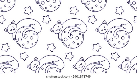 Seamless pattern with sleeping cats on the moon. Vector background in line art style, doodle illustration.