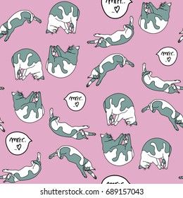 Seamless pattern with sleeping cats on pink background. Vector illustration. Typography design elements for prints, cards, posters, products packaging, branding.