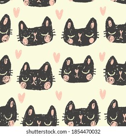 seamless pattern sleeping cats, pajamas print for children, doodle imitation of a child's drawing, cute pets background, vector animals wallpaper