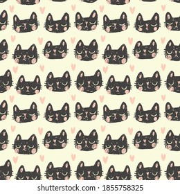 seamless pattern sleeping cats, pajamas print for children, doodle imitation of a child's drawing, cute pets background, vector animals wallpaper