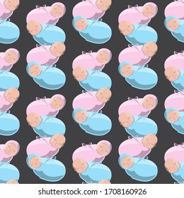 seamless pattern of sleeping children on a black background. Vector image eps 10
