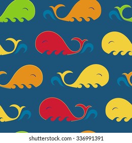 Seamless pattern with sleeping colorful whales