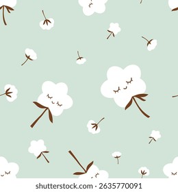 Seamless pattern of sleeping cotton blossom with leaves on green background vector. Cute childish print.