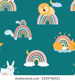 Seamless pattern with sleeping cute animals, rainbow, starry night sky. Abstract baby print. Vector graphics.