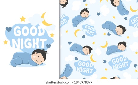 Seamless pattern with sleeping cute baby boy and "Good Night" quote. Vector Illustration.