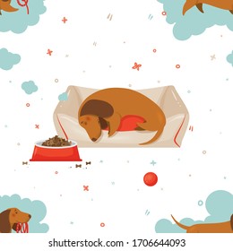 Seamless pattern with sleeping dachshund. Dreaming about walk