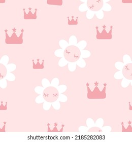 Seamless pattern with sleeping daisy cartoons and cute crowns on pink background vector illustration. 