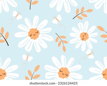 Seamless pattern of sleeping daisy flower, branch and butterfly cartoons on blue background vector illustration. 