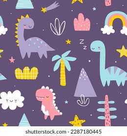 Seamless pattern with sleeping dino. Colorful print with cute dinosaurs for kids bedding and pajamas.