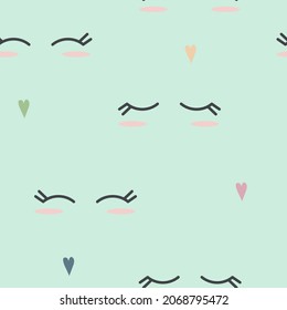 Seamless pattern with sleeping eyes with a kawaii style