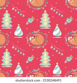 Padrão perfeito com raposa adormecida e árvores de Natal em estilo cartoon. Fundo vermelho. Perfeito para design infantil, têxteis de decoração, cartões de Natal e design de papel de embrulho. Feliz Natal.