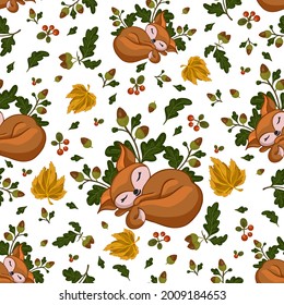seamless pattern with sleeping fox, forest berries, autumn leaves, acorns, oak leaves, cute animal background, stylized vector graphics
