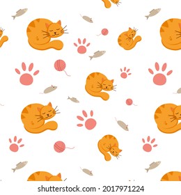 Seamless pattern of a sleeping ginger cat. Paw, mice, fish, toy, ball of thread. Pink and orange. Vector illustration