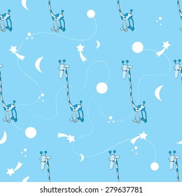 Seamless pattern with the sleeping giraffes, stars, comets and the moon.