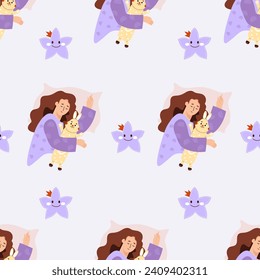 Seamless pattern with sleeping girl with plush rabbit toy on light background with stars. Vector illustration for design, wallpaper, packaging, textile.