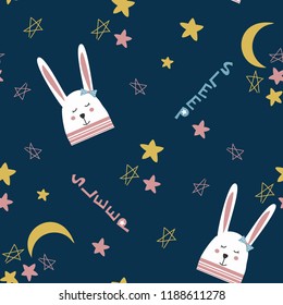 Seamless pattern sleeping hare. Vector illustration for printing on textiles, dishes, printed publications. Picture of a rabbit, stars and moon in the sky.