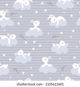 Seamless pattern with sleeping hares on a cloud on a blue striped background. Childish illustration in vector.