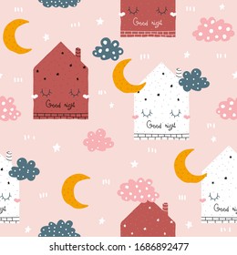 Patrón sin problemas con casa dormida. Huella infantil adorable. Ilustración dibujada a mano por vectores.