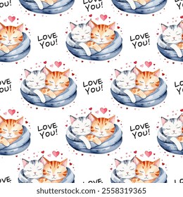 Seamless pattern with sleeping hugging cats and with hand written quote "love you" on white background