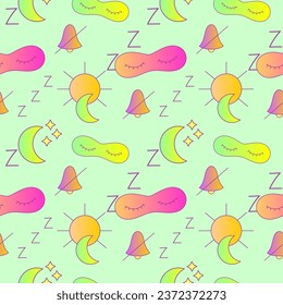 Seamless pattern with sleeping icons. Contains sun, moon, Zzz snooze, sleeping mask, notification. Prohibition pictograms in linear style. Vector graphics
