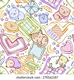 Seamless pattern with sleeping kittens, cats, hedgehogs, rabbits and cubs. Blankets and pillows, blankets, bedspreads, stars, night last month, and alarm clock. Can be used for curtains, wallpaper