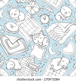 Seamless pattern with sleeping kittens, cats, hedgehogs, rabbits and cubs. Blankets and pillows, blankets, bedspreads, stars, night last month, and alarm clock. Can be used for curtains, wallpaper