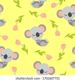 Seamless pattern with sleeping koala baby and pink tulips. Yellow background. Flat cartoon style. Cute and funny. For kids postcards, textile, wallpaper and wrapping paper. Summer and spring ornament