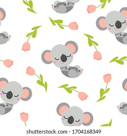 Nahtloses Muster mit schlafendem Koala Baby und rosafarbenen Tulpen. Weißer Hintergrund. Flacher Cartoon-Stil. Frisch und lustig. Für Kinder Postkarten, Textilien, Tapeten und Verpackungspapier. Sommer- und Frühlingsschmuck