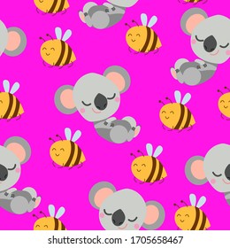 Patrón sin problemas con el bebé koala y las abejas amarillas durmiendo. Fondo rosa. Estilo de caricatura plano. Cítrico y divertido. Para los niños postales, textil, papel pintado y papel de envoltura. Ornamento veraniego y primaveral
