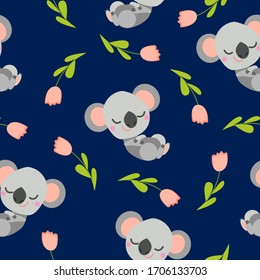 Seamless pattern with sleeping koala baby and pink tulips. Blue background. Flat cartoon style. Cute and funny. For kids postcards, textile, wallpaper and wrapping paper. Summer and spring ornament