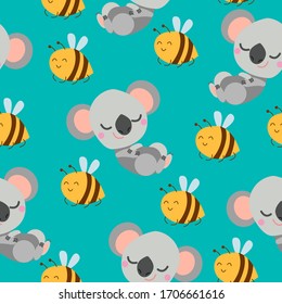 Seamless pattern with sleeping koala baby and yellow bees. Green background. Flat cartoon style. Cute and funny. For kids postcards, textile, wallpaper and wrapping paper. Summer and spring ornament