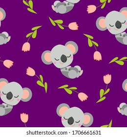 Nahtloses Muster mit schlafendem Koala Baby und rosafarbenen Tulpen. violetter Hintergrund. Flacher Cartoon-Stil. Frisch und lustig. Für Kinder Postkarten, Textilien, Tapeten und Verpackungspapier. Sommer- und Frühlingsschmuck